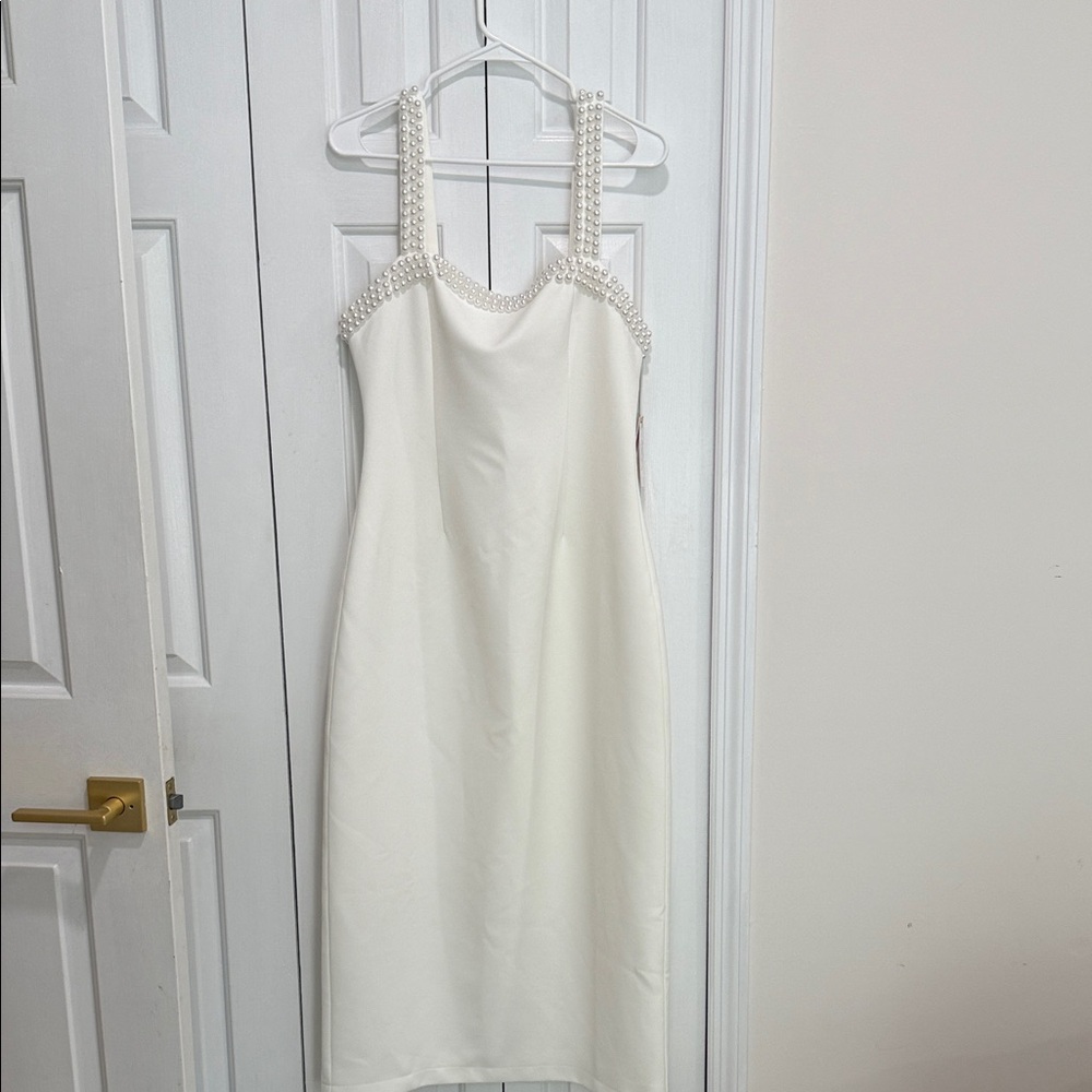 Chic White Beaded Strap Midi Dress